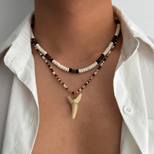 欧美时尚个性仿真鲨鱼牙齿吊坠项链男跨境热销夏季椰壳木珠锁骨链