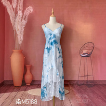 大理手工扎染甜美风连衣裙夏款度假休闲蓝染收腰性感蕾丝吊带裙