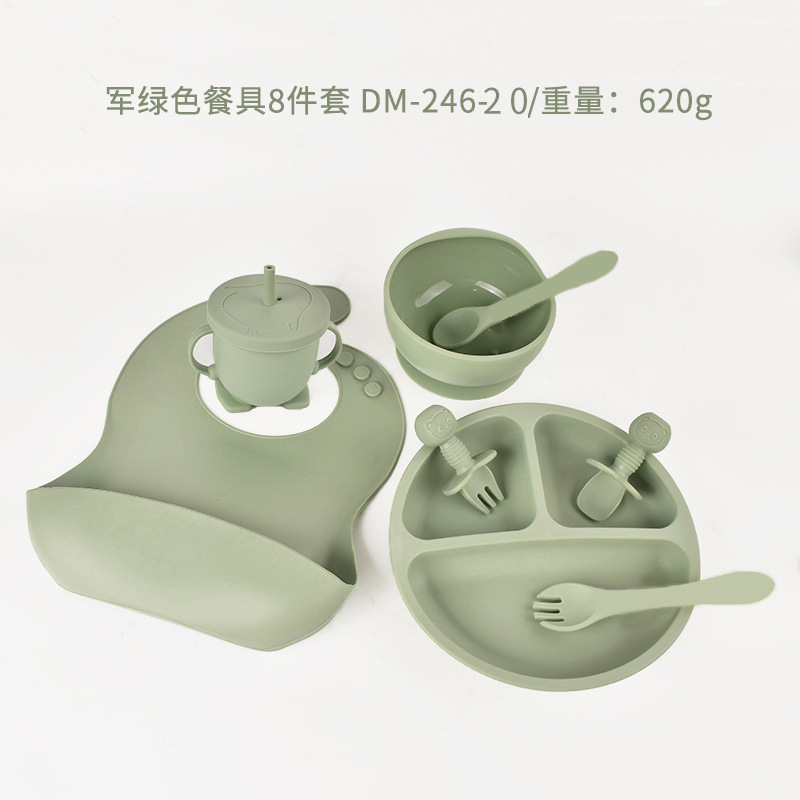 Dumo, vajilla de rejilla dividida de silicona para niños, babero, tenedor, cuchara, cuenco de alimentos, taza de agua, vajilla de alimentación para bebés, juego de ocho piezas