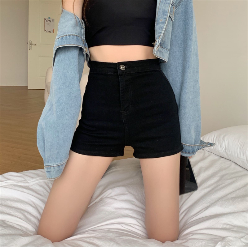 검은 색 단어 데님 반바지 여성의 가을 스파이스 소녀 꽉 높은 허리 슬리밍 작은 뜨거운 바지 스트레이트 와이드 다리 바지