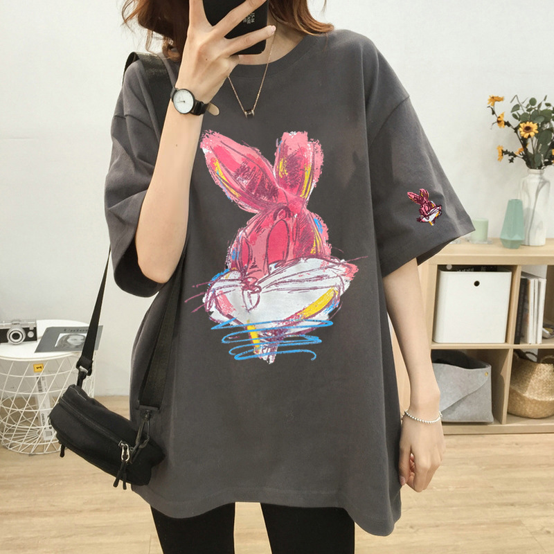 Fashion brand 2024 new gray cotton T-shirt women's short sleeve mid-length plus size loose summer European top half sleeve