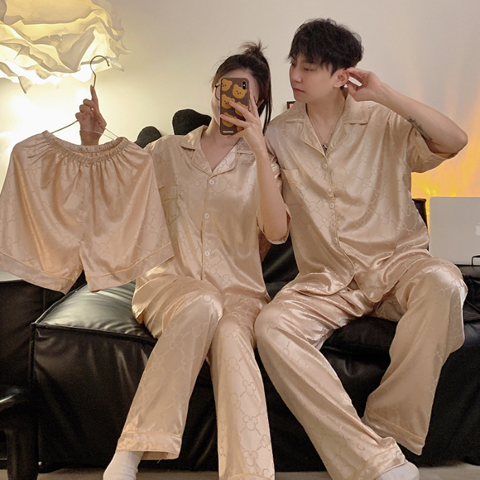 Pajamas de pareja negros de alta calidad de verano de seda de hielo de manga corta pantalones largos delgados para hombres y mujeres de verano de seda de tres piezas