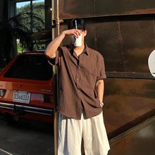 2025夏季新款男士短袖衬衫宽松休闲百搭纯色翻领衬衣男装外套