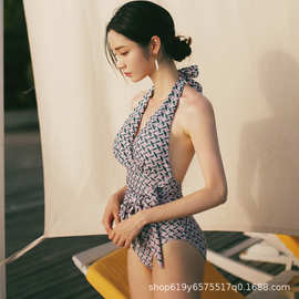 2021新款连体泳衣女性感露背显瘦系带挂脖泡温泉泳装源头工厂批发