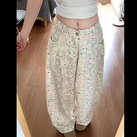 【现货，实拉链】香奶奶小鱼裤女白色卡通印花直筒阔腿裤女拖地裤
