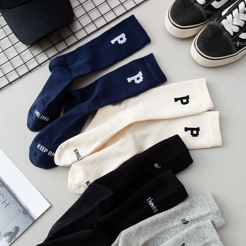 Spring and summer AB trendy socks for men and women letter P college style sports socks ins Japanese combed cotton mid-tube couple socks