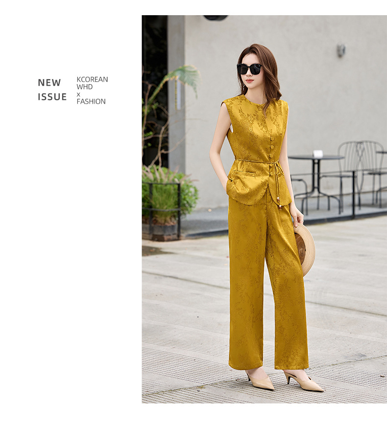 Bộ quần áo hai mảnh nữ phong cách tân cổ điển Trung Hoa – áo gile họa tiết jacquard kết hợp quần ống rộng — màu đen, màu trắng, màu vàng chi tiết 12