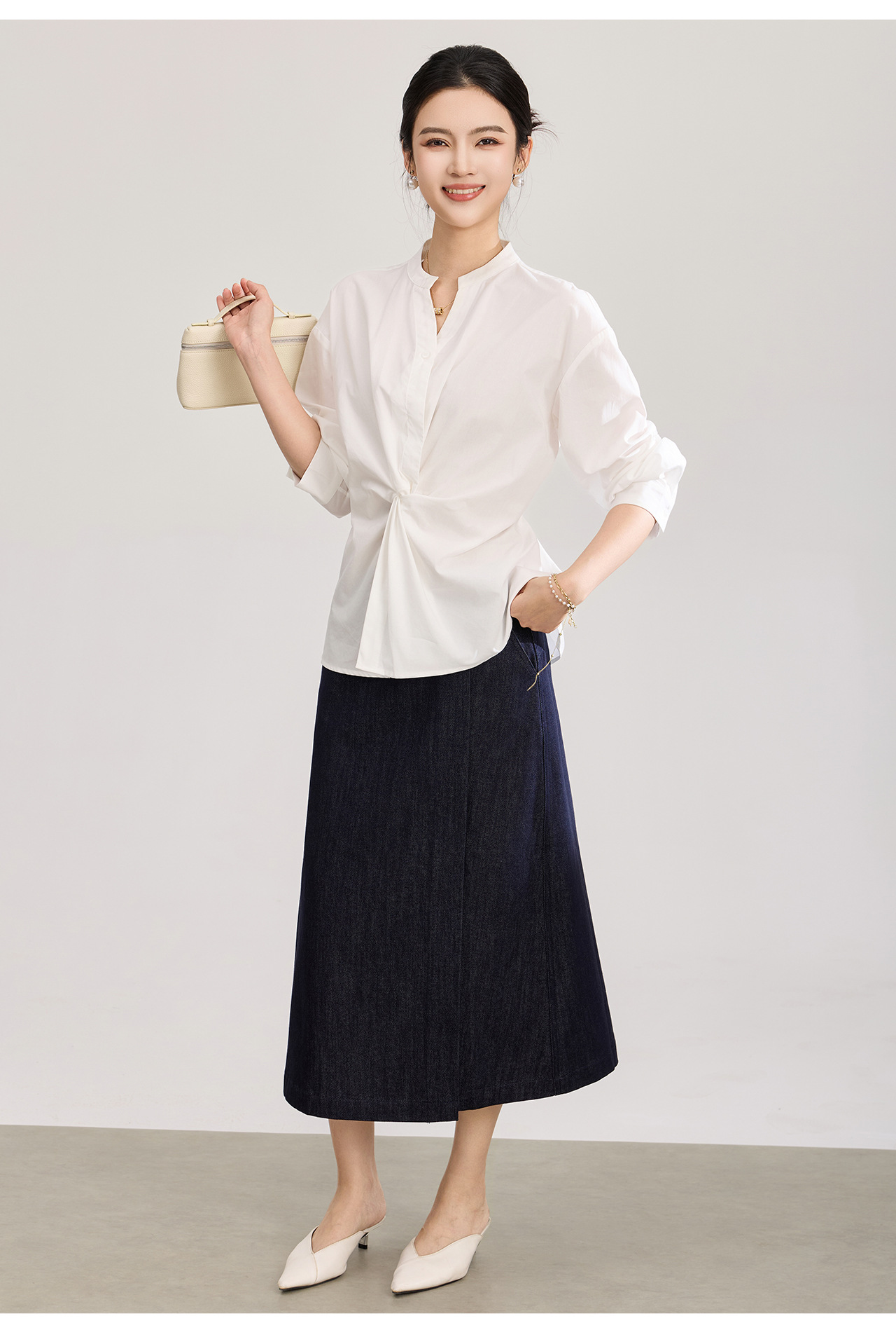 Áo sơ mi nữ dài tay chất lụa tencel phối xoắn thanh lịch — xanh lam chi tiết 18