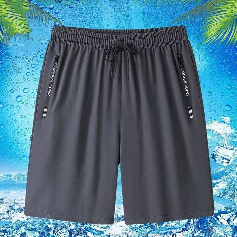 Pocket Zipper Ice Silk Shorts Men's Summer Quick-drying Pants plus size Loose Running Casual Trendy Beach Pants Five Points