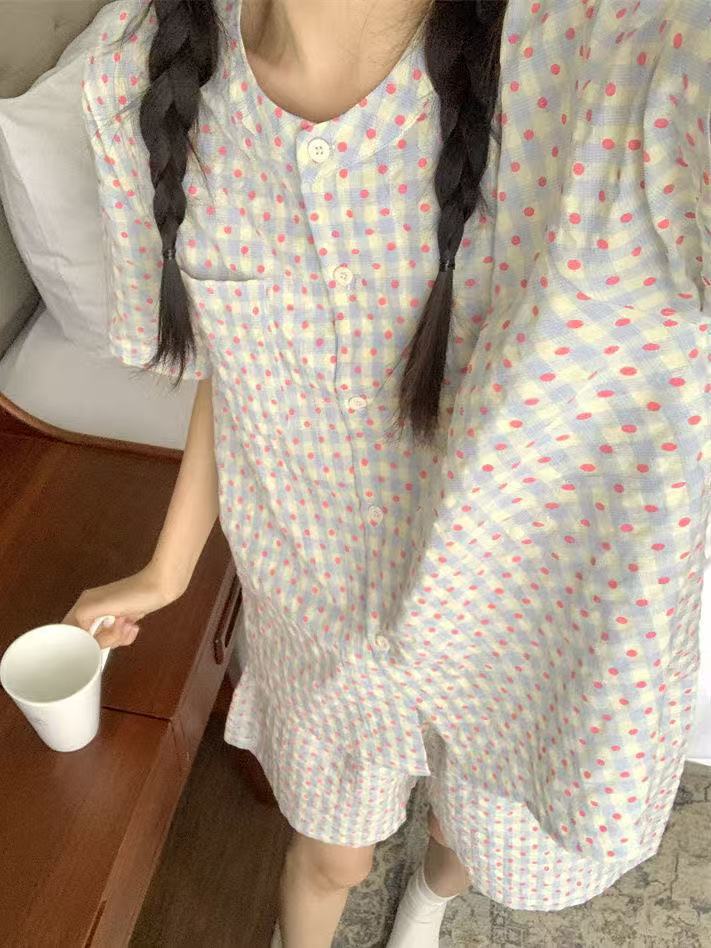 2025 lindo traje de pijama de lunares de oso de estilo ins para mujer cárdigan de cuello redondo de verano suelto y se puede usar en el hogar