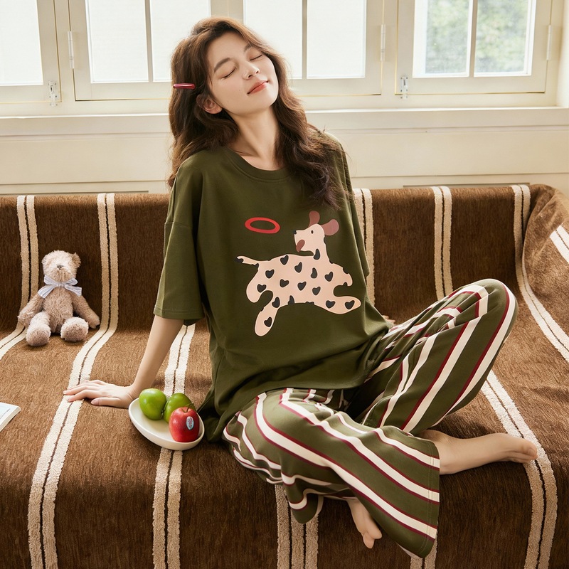 Cartoon Cotton Pajamas with Chest Pads for Women 2026 Spring New Casual Short-Sleeved Long Pants Set Home Wear Can Be Worn Outside