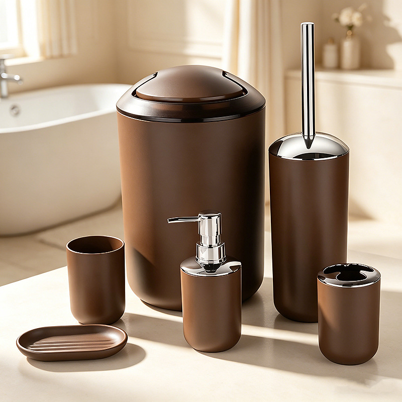 Kit de baño set de artículos de higiene set botella de desinfectante de manos cepillo de dientes taza cepillo de inodoro bote de basura set de 6 piezas image 10
