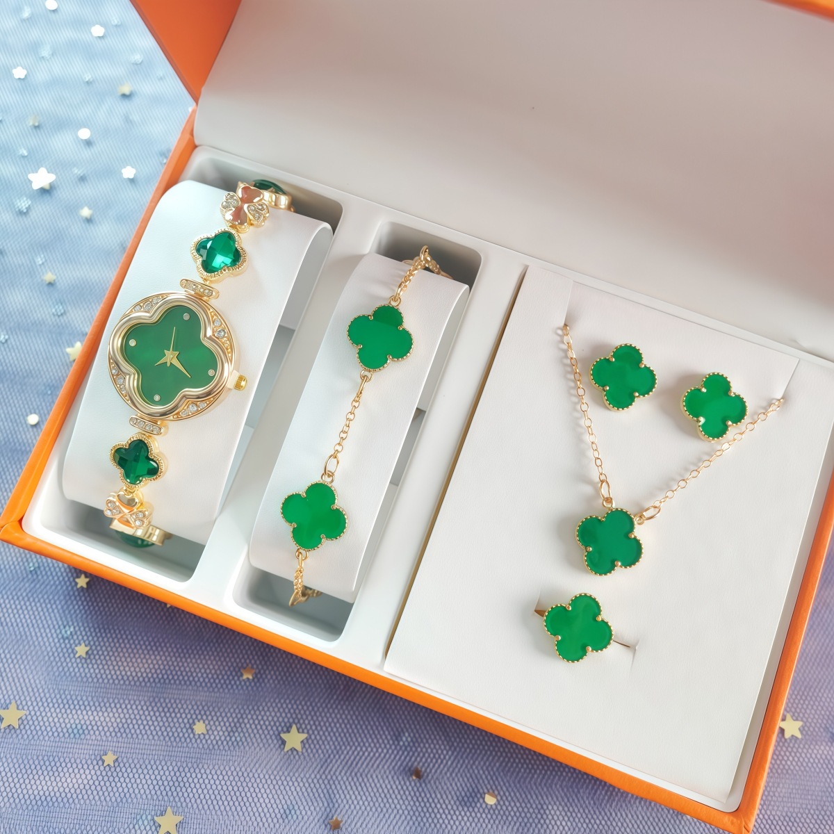 Women's Four-Leaf Clover Simple Watch Set, Popular Women's 5-Piece Quartz Watch Accessories Gift Box, High-End Watch