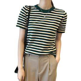 显白 撞色绿条纹上衣针织小衫短袖T恤女2022春夏新