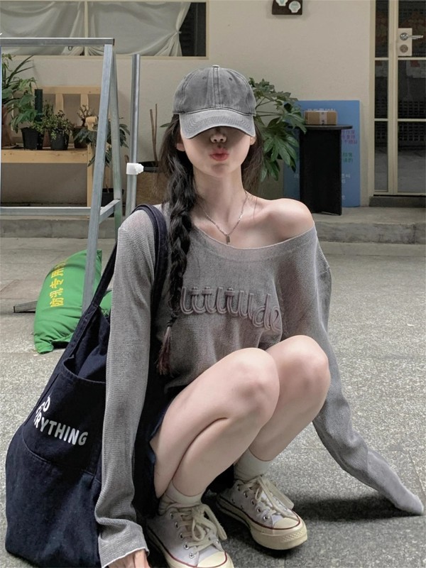 韩系灰色针织长袖T恤防晒衫女夏季外搭慵懒斜肩罩衫薄纱上衣|undefined