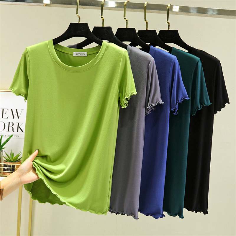 Summer Short-sleeved T-shirt Women's Modal Thin Loose Large Size Lace Top Bit Cotton Base Shirt