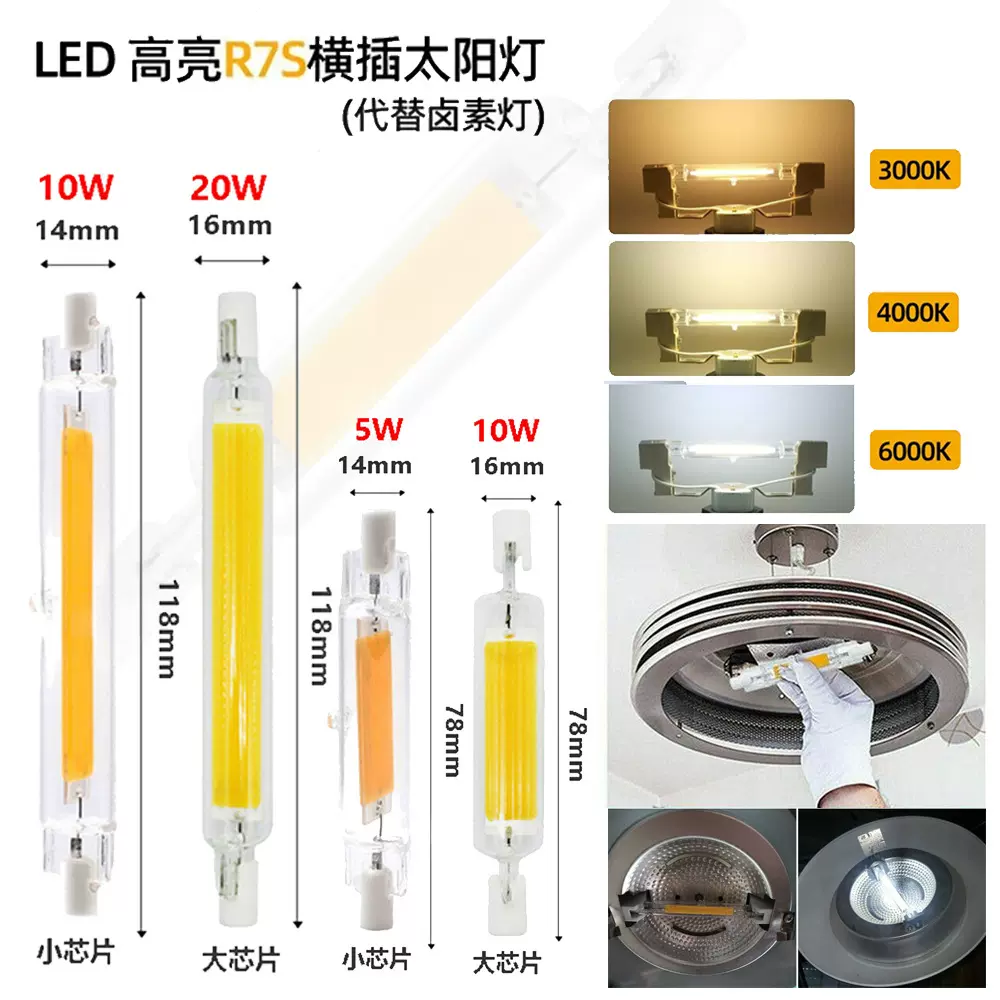 R7S可调光玻璃灯管78mm118mm 5W20W横插灯LED灯AC110V,220V双端灯