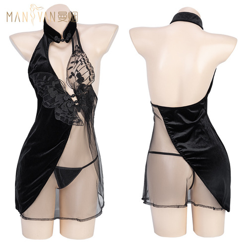 Manyan sexy lingerie retro stand-up collar butterfly pattern semi-see-through hip velvet cheongsam uniform suit 8605