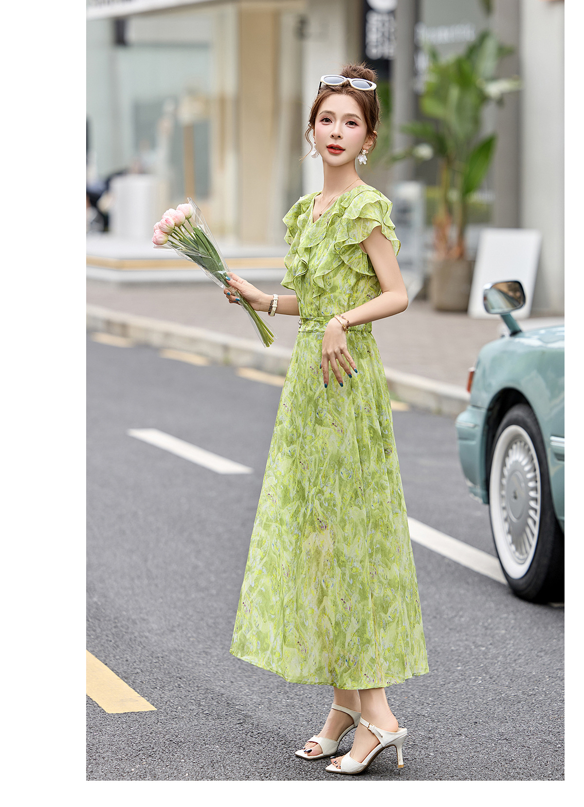 Đầm maxi nữ thắt eo cổ V in họa tiết hoa dáng dài — Hoa xanh lá cây, Hoa xám chi tiết 13