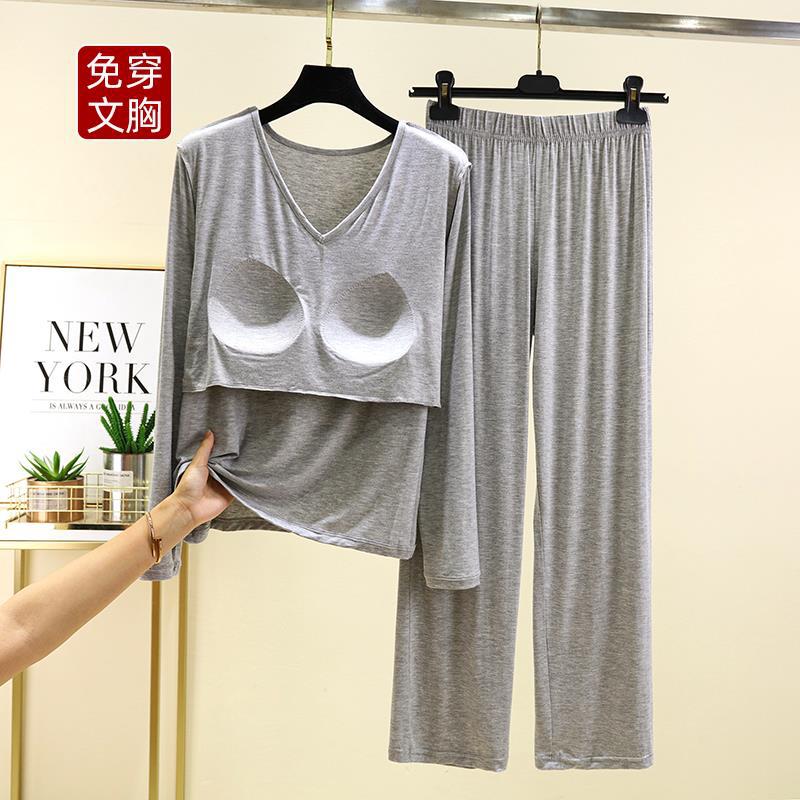 莫代尔一体文胸家居服女秋大码长袖睡衣睡裤免文胸T恤休闲裤套装