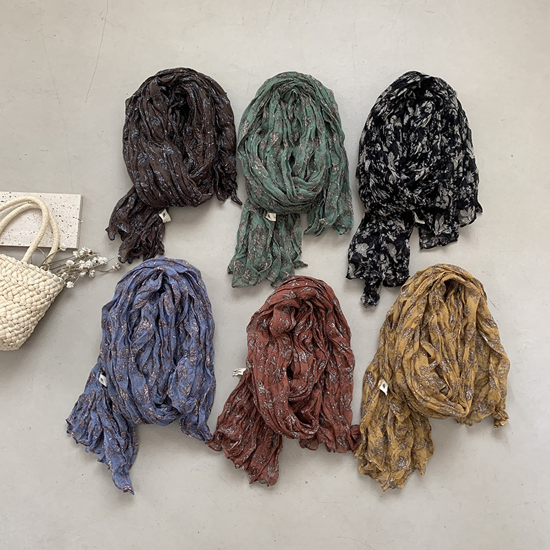 Literary Style Vintage Floral Cotton and Linen Scarf Women's Summer Thin Pleated Shawl All-match Long Scarf Ethnic Costume Shawl