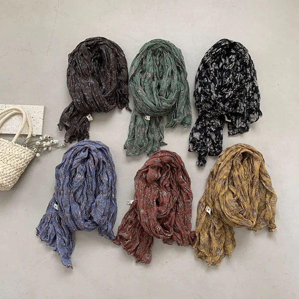 Literary Style Vintage Floral Cotton and Linen Scarf Women's Summer Thin Pleated Shawl All-match Long Scarf Ethnic Costume Shawl