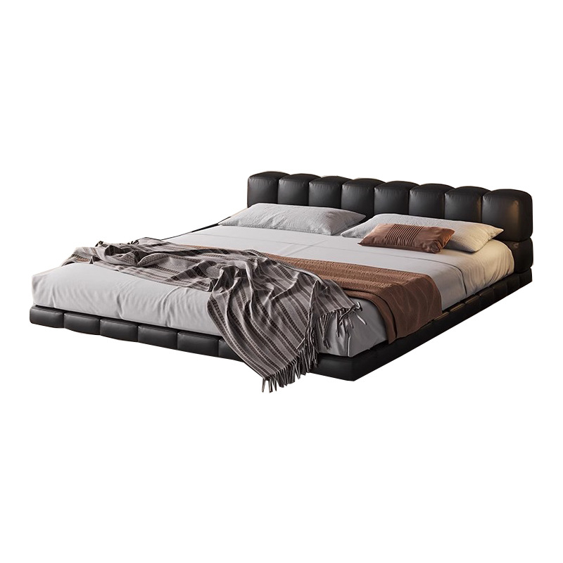 Cama de puff, cama de suspensión de cuero, cama de cuero minimalista italiana, cama de chocolate moderna, cama de boda, cama de paquete suave, negro