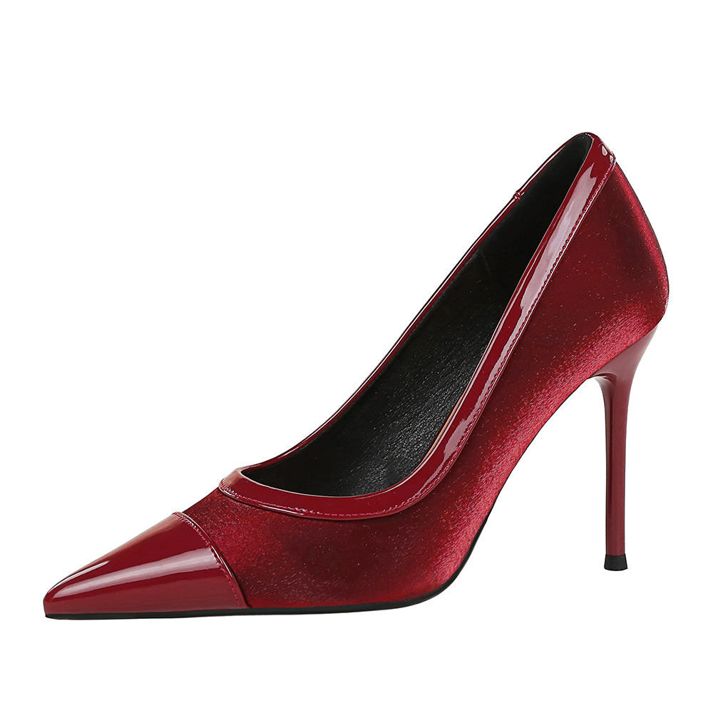 2127 European And American Style Banquet Thin Heels Shallow Mouth Satin Patchwork Pointed Toe Slimming Elegant Ultra_vogvips.com