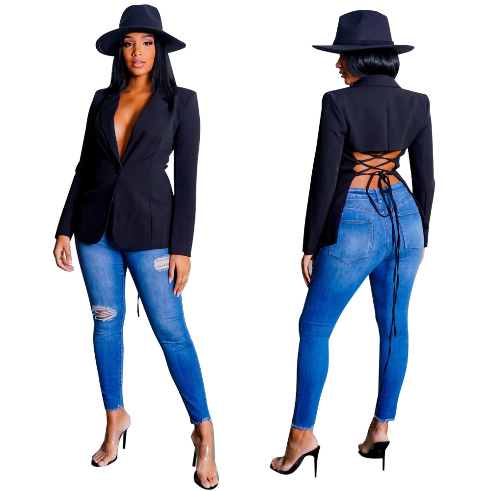 Saco Blazer con Cuello en V para Mujer K10600 de Poliéster Manga Larga