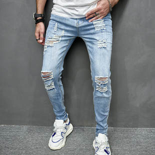 Foreign Trade Men's Jeans Trousers High Elastic Ripped Slim-fit Jeans Men's AliExpress Men's Jeans