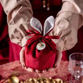 新年兔年兔耳朵丝绒布袋雪花酥牛轧糖束口包装袋子糖霜饼干包装盒