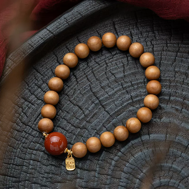天然老山檀香8mm南红手链福字手串 中式国风佛珠念珠文玩时尚配饰