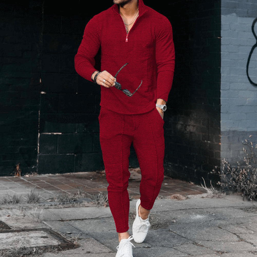 El comercio exterior de los hombres de otoño textura traje de manga larga polo desgaste pantalones deportivos moda casual media cremallera soporte collar traje