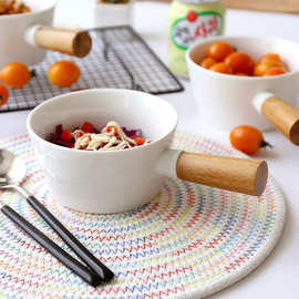 36Y7简约纯色竹柄白瓷早餐碗 沙拉意面碗水果碗甜点碗汤碗手把碗
