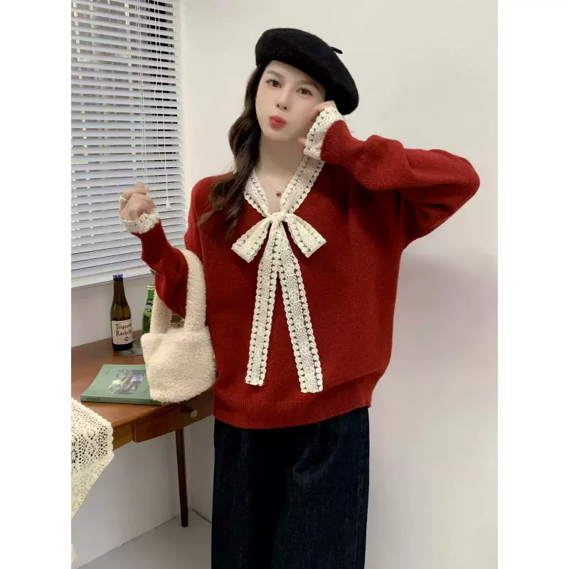 2025蕾丝花边蝴蝶结温柔风毛衣女秋冬新款宽松减龄上衣高级针织衫