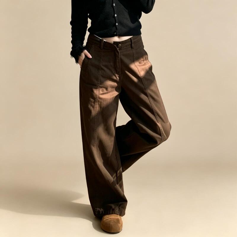 Petite Women's Casual Straight-Leg Jeans in Melard Coffee Color, High-Waisted, Loose Fit, Drapey, Versatile, Slimming Wide-Leg Pants