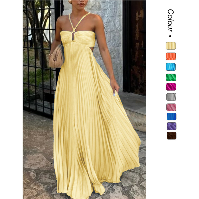In Stock 25 Years of New Summer Models from Europe and America, Cross-Border Foreign Trade, Solid Color Pleated Sleeveless Strap Dress-68629