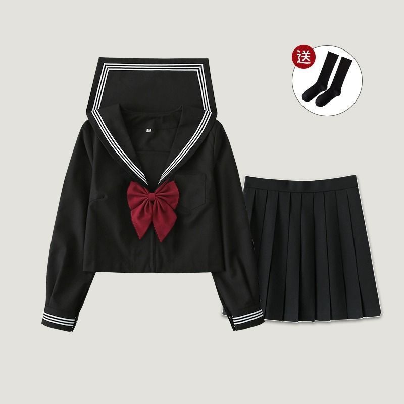 白黒三本JK制服スカートベーシック本格セーラー服日本カレッジスタイルスーツ半袖ミドル服レディース夏|undefined