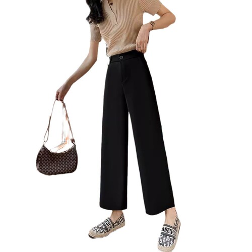 Black Women's Summer Thin Straight Leg High-Waisted Flowing Suit Pants for Loose Women Pear Shape 9/10 Length