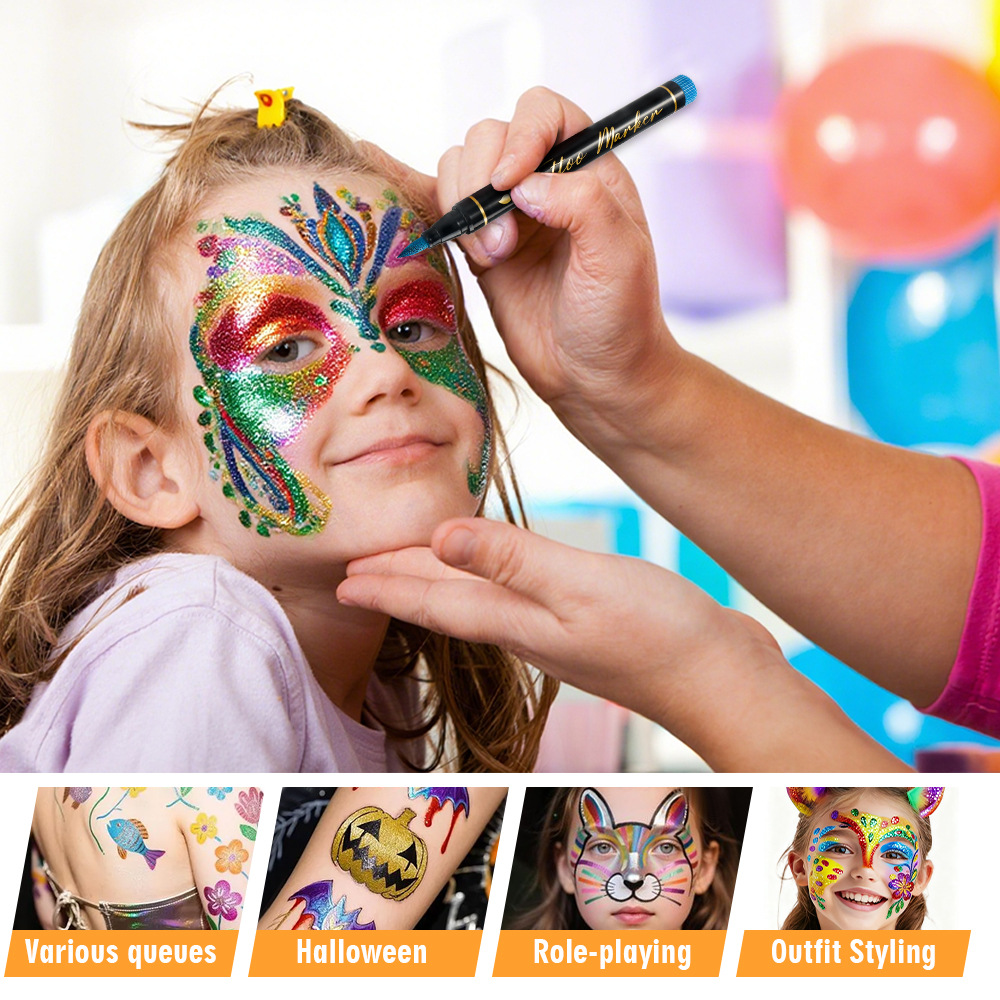 Ventas transfronterizas de tatuaje caliente bolígrafo de pintura corporal humano con accesorios pegatinas agujeradas bolígrafo de pintura infantil en stock