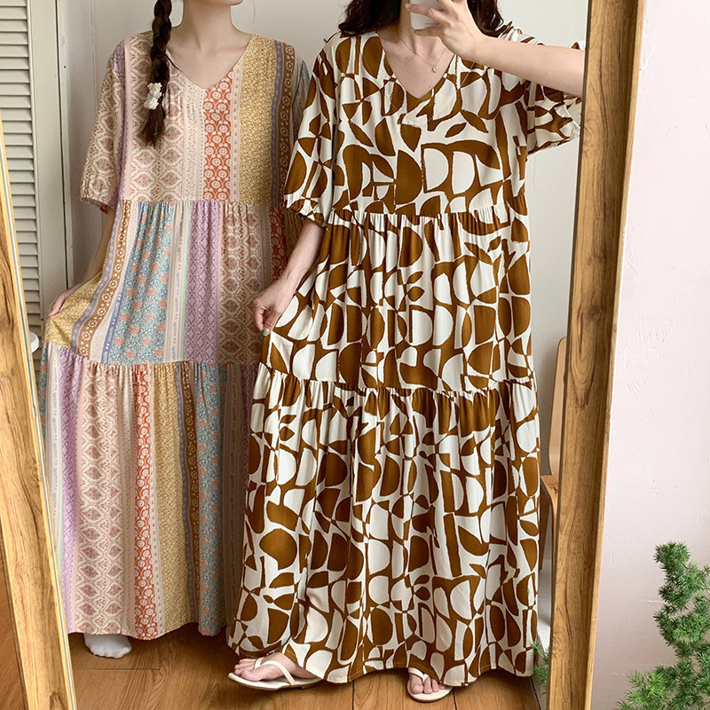 Ethnic Style Pastoral Floral Nightgown Women's Summer Short-Sleeved Cotton Silk Skirt Women's Design 2024 New Pajamas Vacation Long Skirt
