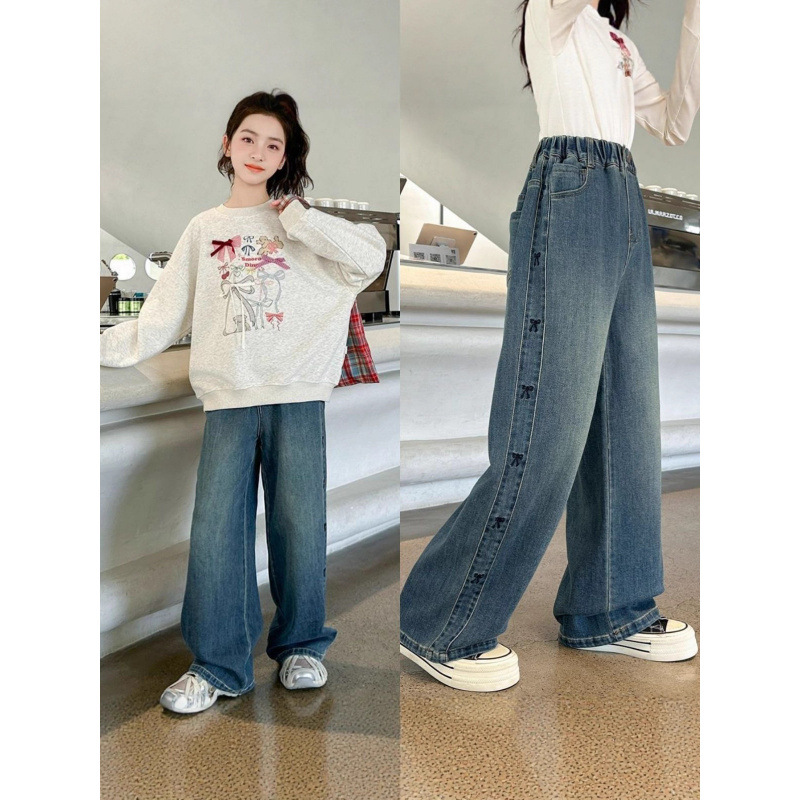 Girls' wide-leg jeans, slim fit, high-waisted, soft and comfortable long pants for spring and autumn.