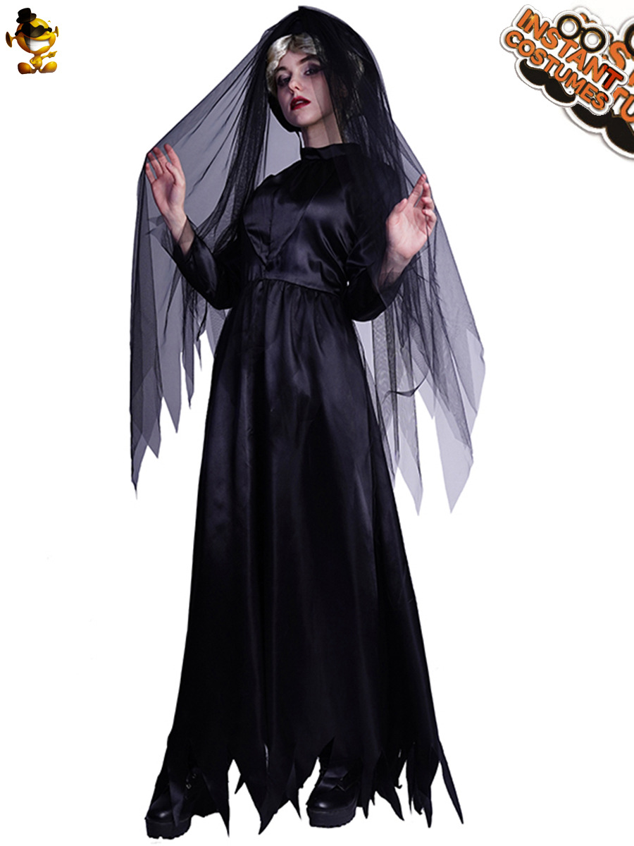 Bruja de Halloween traje fiesta Cosplay traje de escenario uniforme tentación negro gasa fantasma traje de la novia