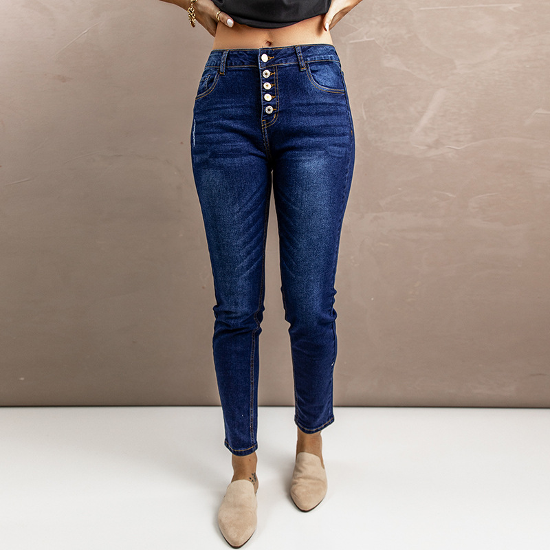 时颖牛仔裤女欧美跨境秋冬亚马逊新款单排扣小脚九分裤子女