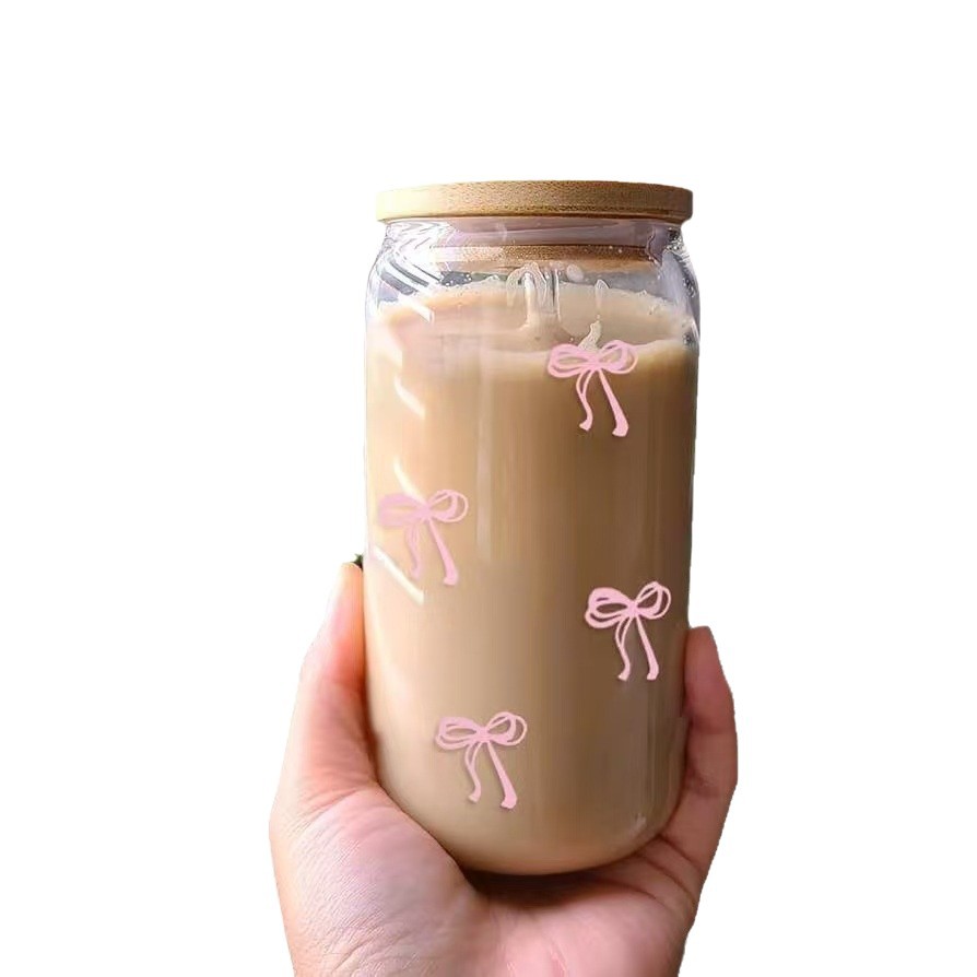 Amazon Glass Cross-Border Coca-Cola de alto valor 16oz cubierta de bambú taza de paja impresa transparente de alta calidad vidrio