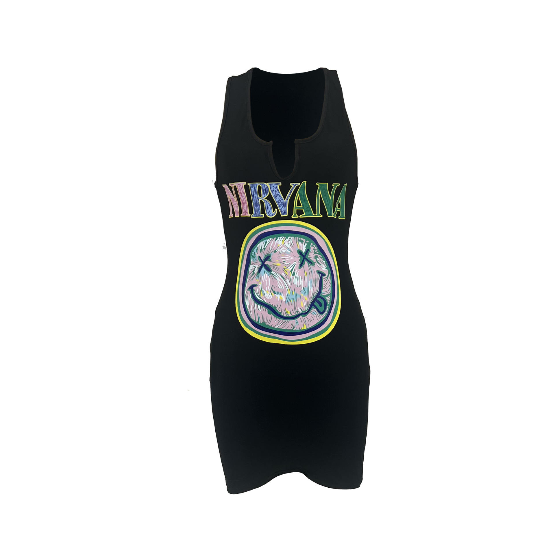 Women's Clothing Smiley Face Print Vest Dress For Women European American Style Front Back Heat Transfer Print Elastic Fabric_ecoleips.com