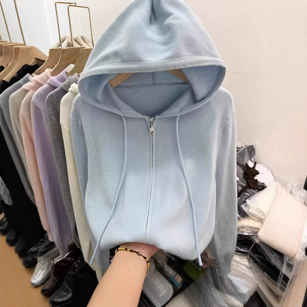 双拉链长袖针织衫开衫女上衣2025早春新款休闲洋气外搭连帽衫毛衣