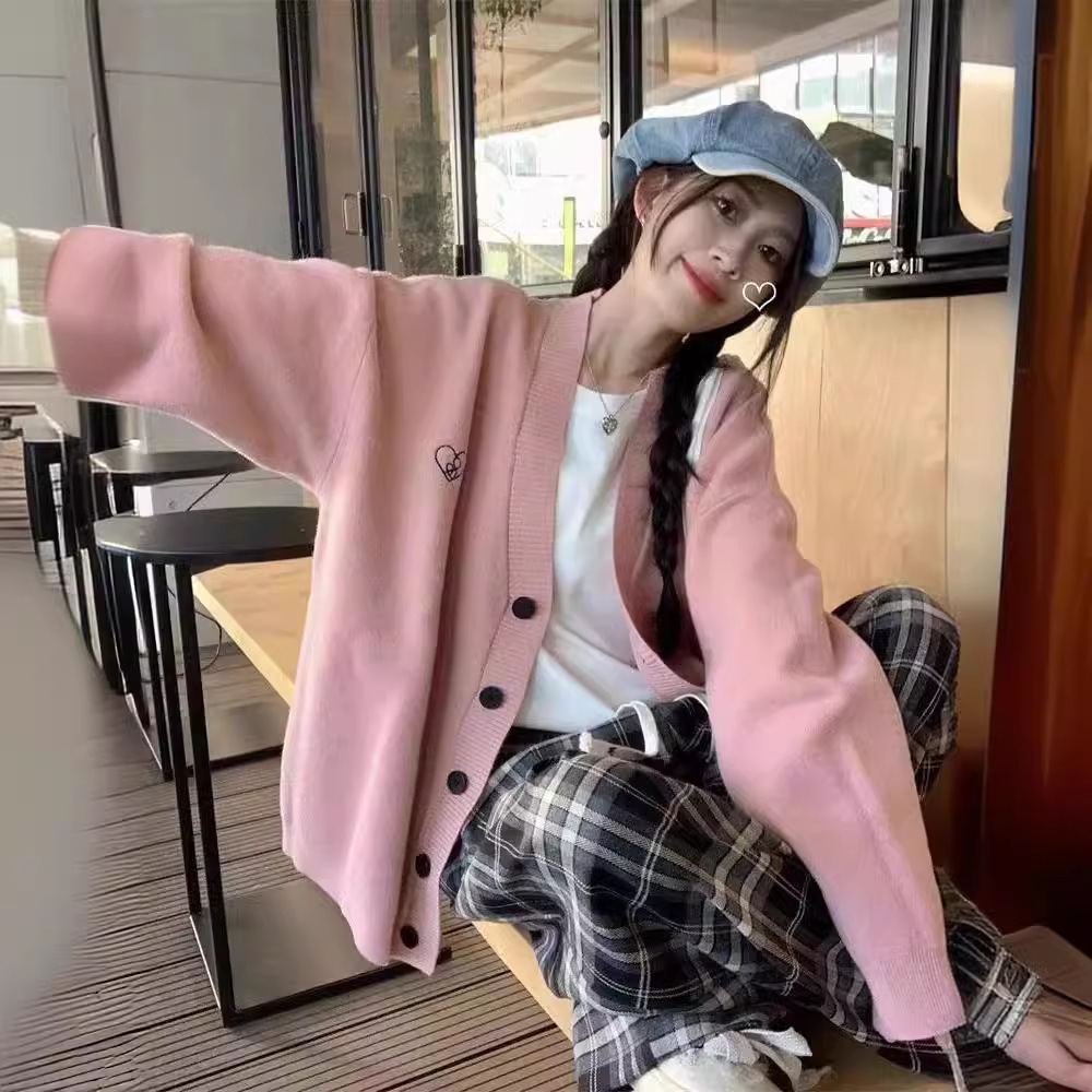 Red Soft Waxy Knitted Sweater Cardigan Jacket Women's Autumn and Winter New Style Embroidered Lazy Style Loose Top