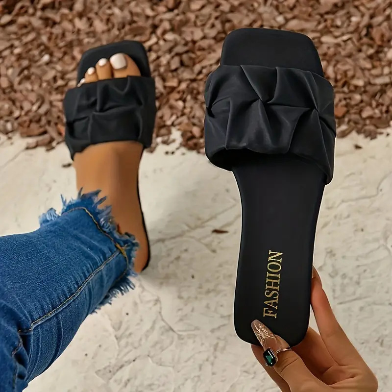 Women's Pleated Design Slippers, Casual Square Open-Toe Flat Summer Shoes, Korean Style Comfortable and Slimming Slip-Ons Women's Pleated Design Slippers, Casual Square Open-Toe Flat Summer Shoes, Korean Style Comfortable and Slimming Slip-Ons