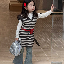 2025秋季新款童装 韩版童装 女童条纹毛线背心裙 毛线裙送红皮带